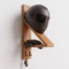 Solid wood wall-mounted motorcycle helmet holder with two metal hooks
