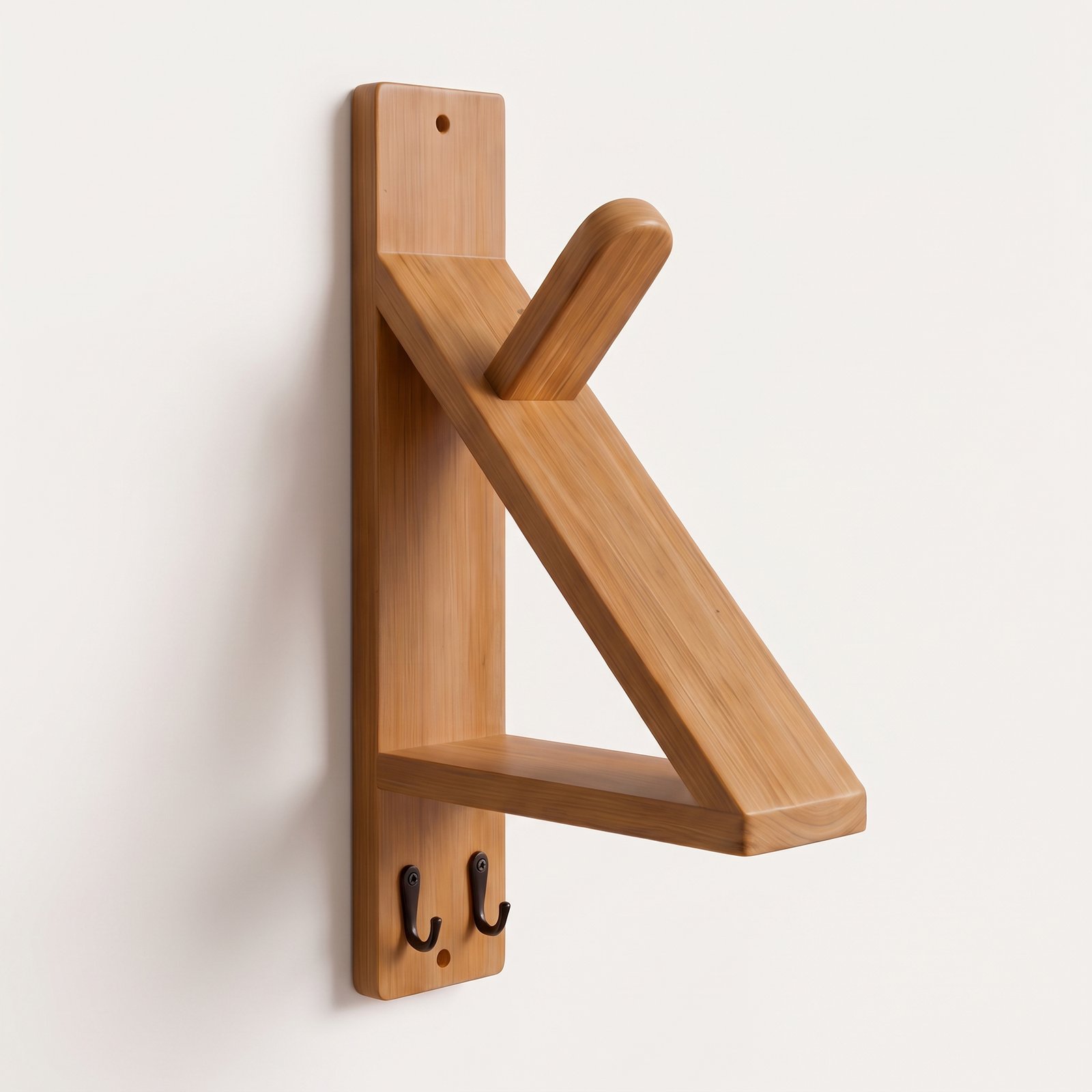 Solid wood wall-mounted motorcycle helmet holder with two metal hooks