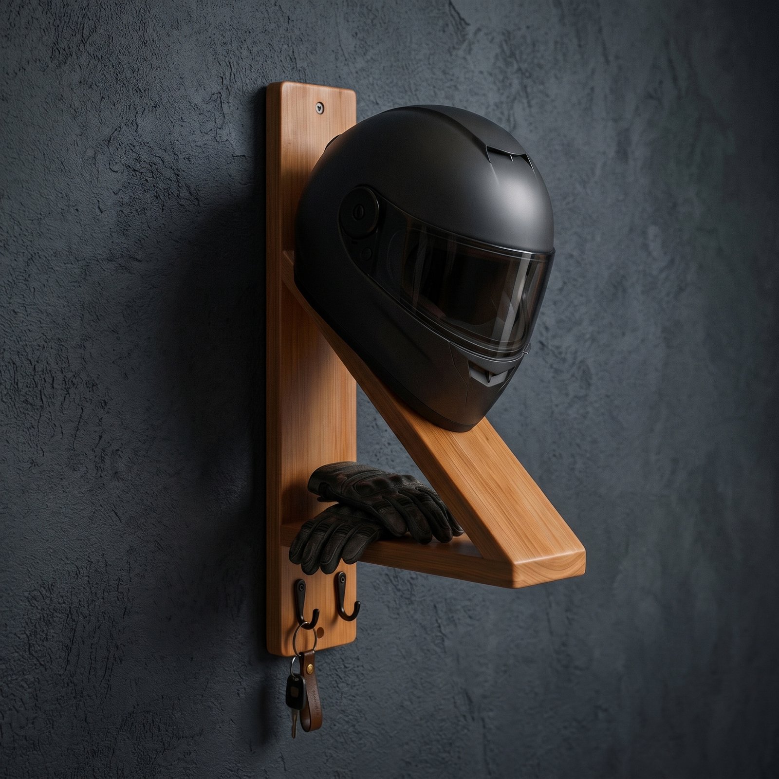 Solid wood wall-mounted motorcycle helmet holder with two metal hooks