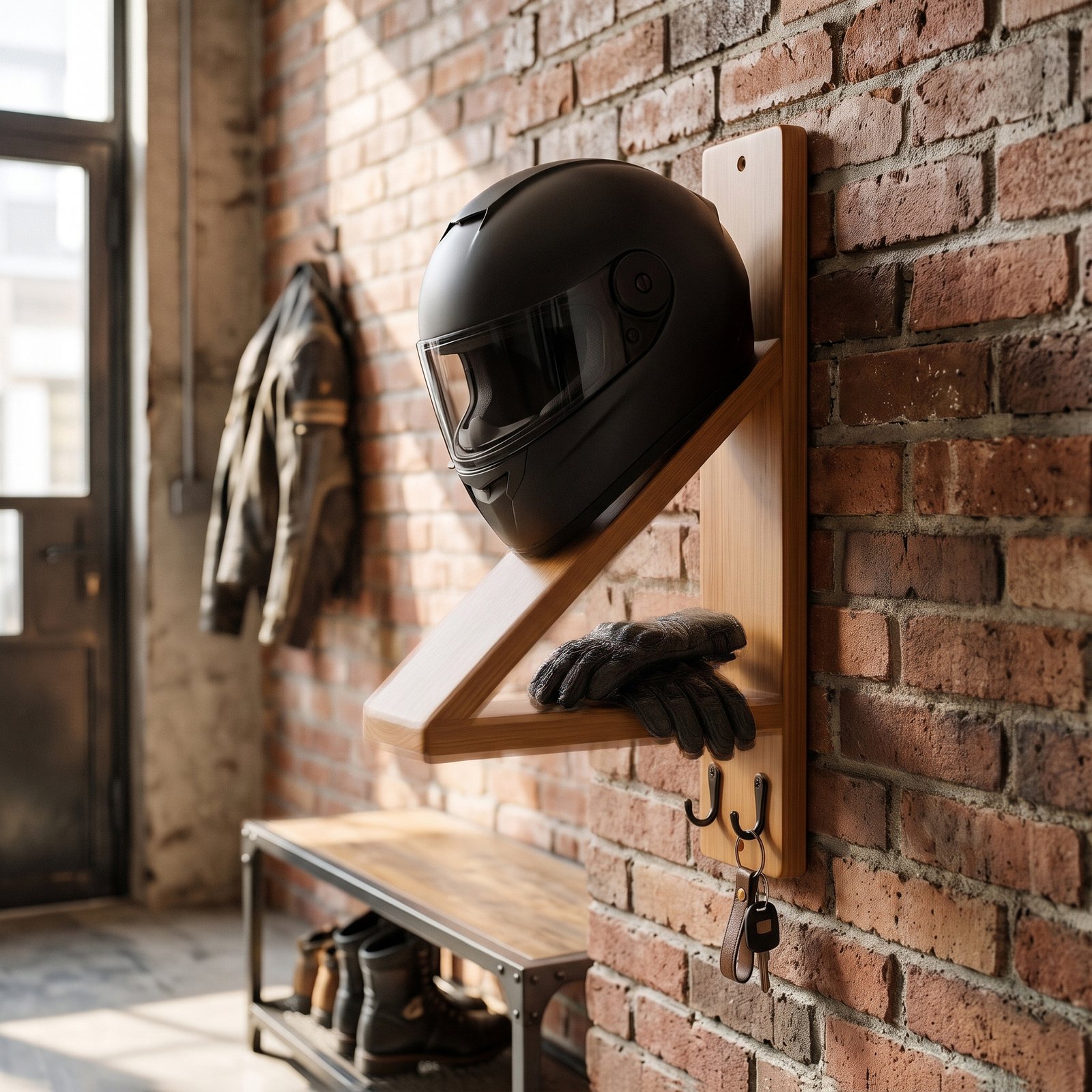 Solid wood wall-mounted motorcycle helmet holder with two metal hooks